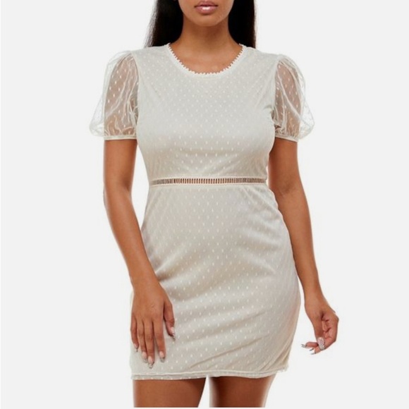 SPEECHLESS Womens Beige Dotted Mesh Pouf Sleeve Short Sheath Dress Size M - Picture 1 of 6